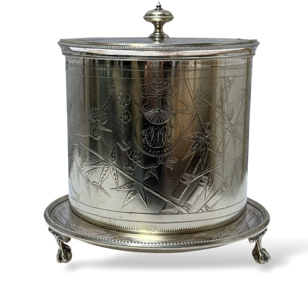 COLLIS & CO. Antique Biscuit Box English Silverplate 19th Century Birds Bamboo M